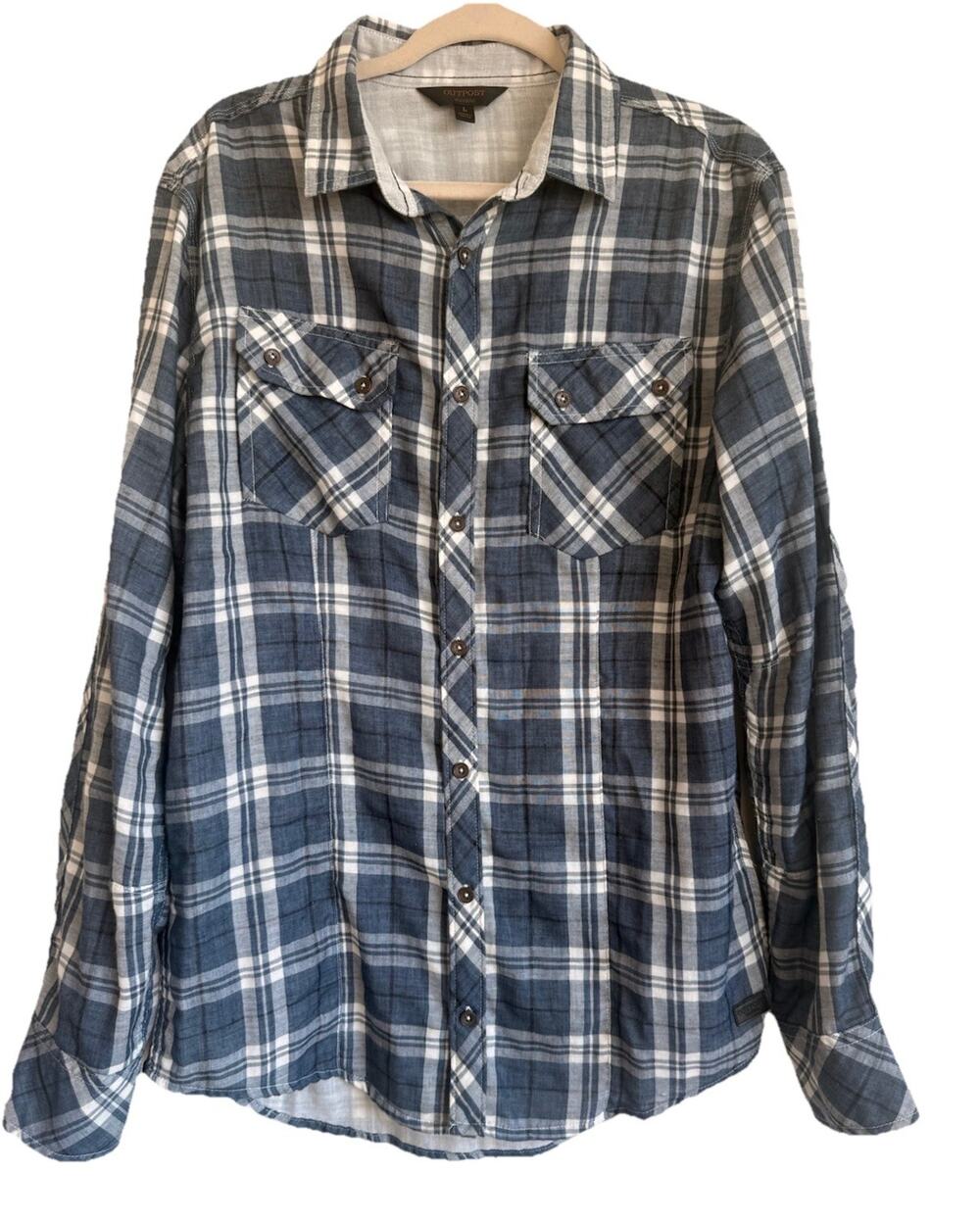 Outpost Men’s L Plaid Button-Up Shirt Long Sleeve Blue Lightweight Cotton Blend